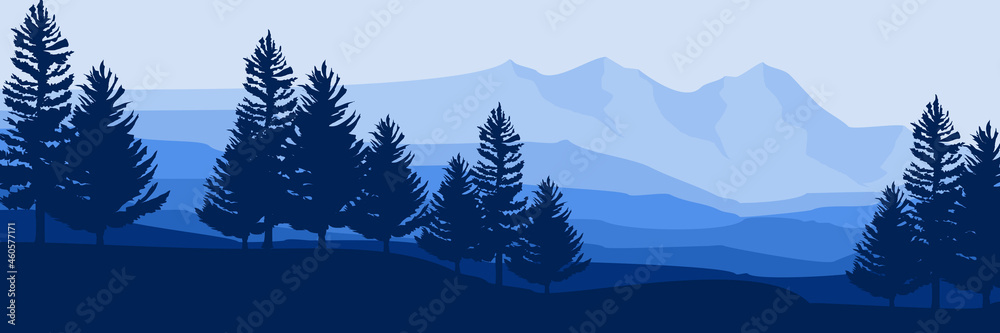 mountain morning landscape vector illustration good for wallpaper, backdrop, background, banner, tourism, design template, and desktop wallpaper 
