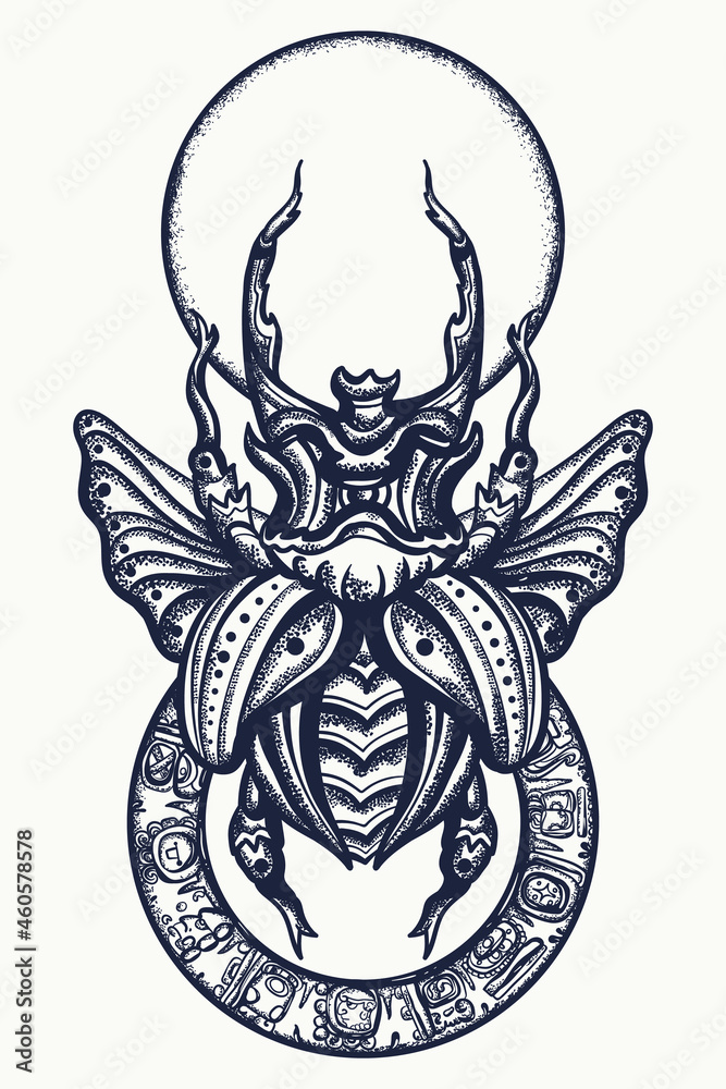 Esoteric insects. Stag beetle and sun. Old school tattoo vector art ...
