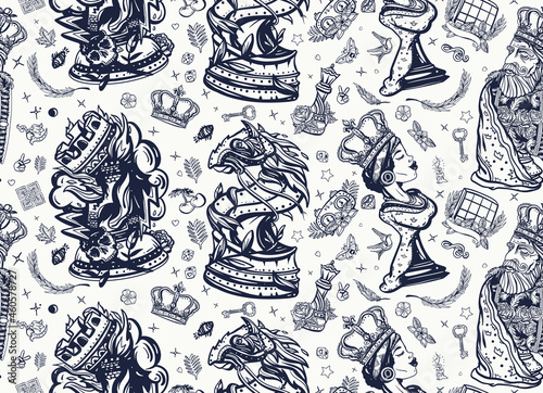Chess pattern. Checkmate retro colorful seamless background. Traditional tattooing art. White king and black queen. Gambit. Pieces, board game. Fiery knight and burning rook. Old school tattoo style