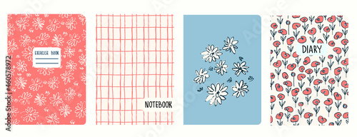 Set of cover page templates based on patterns with anemone, poppy flowers in Ditzy style and gridlines . Backgrounds for notebooks, notepads, diaries. Headers isolated and replaceable