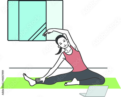 オンラインでトレーニングを受講する２０代女性がヨガウェアを着た全身の線画イラスト