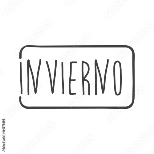 Banner con texto manuscrito Invierno en español en cuadrado con lineas en color gris