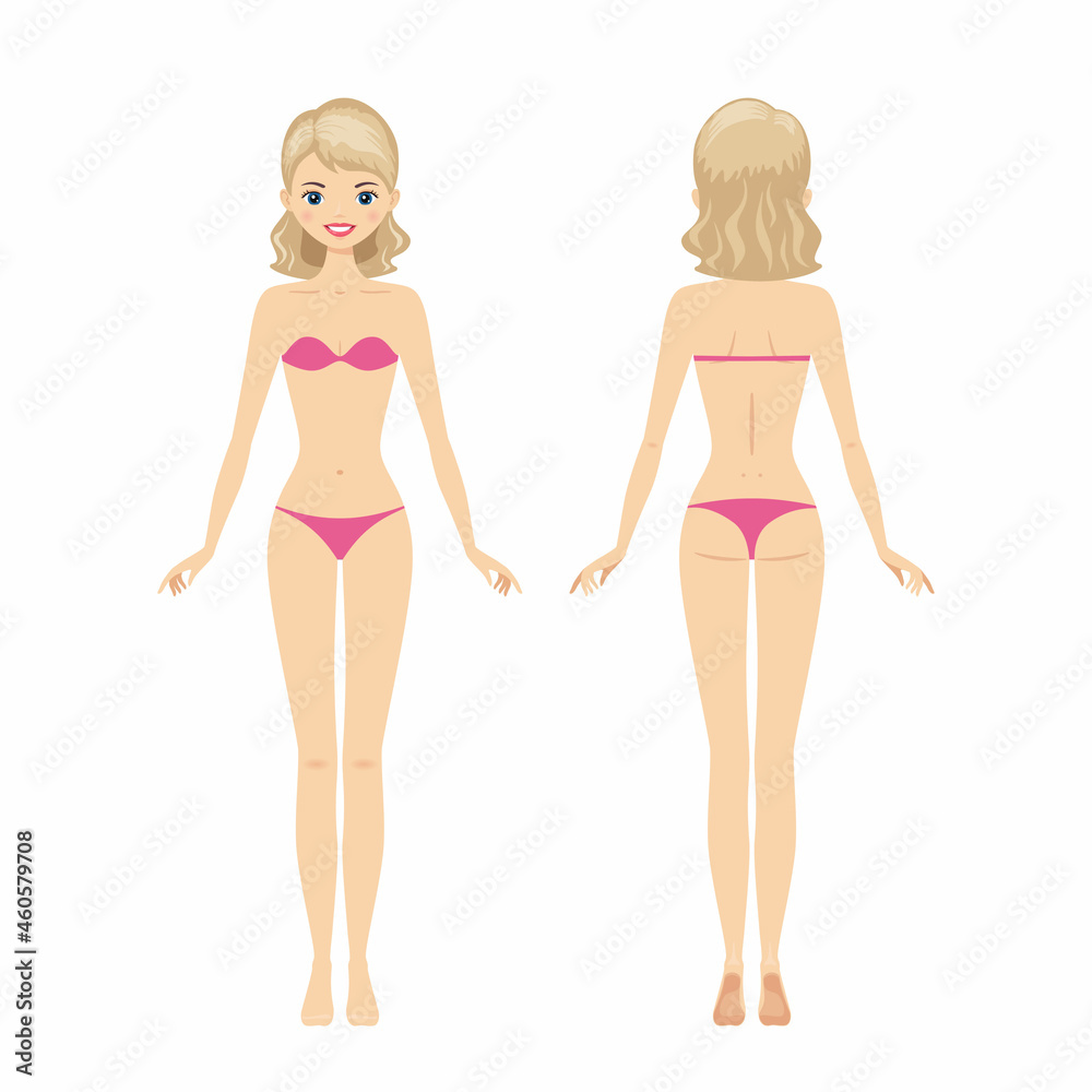 Young pretty woman in lingerie. Front and back views. Cartoon flat style. Vector illustration Young pretty woman in lingerie. Front and back views. Cartoon flat style. Vector illustration