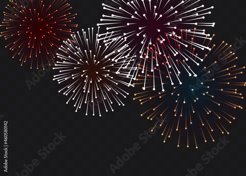 set of isolated vector fireworks on a transparent background.