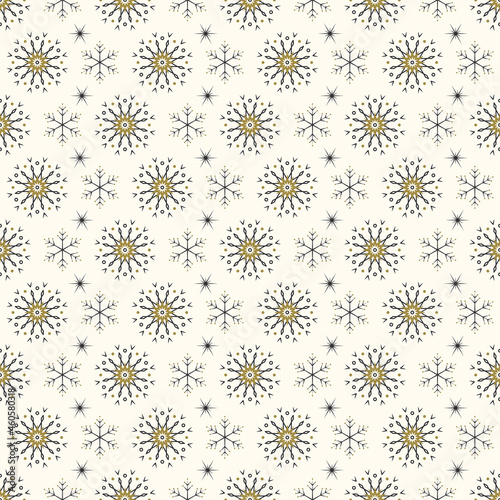 Seamless pattern with black and gold snowflakes on background. Festive winter traditional decoration for New Year  Christmas  holiday and design. Ornament of simple line repeat snow flake