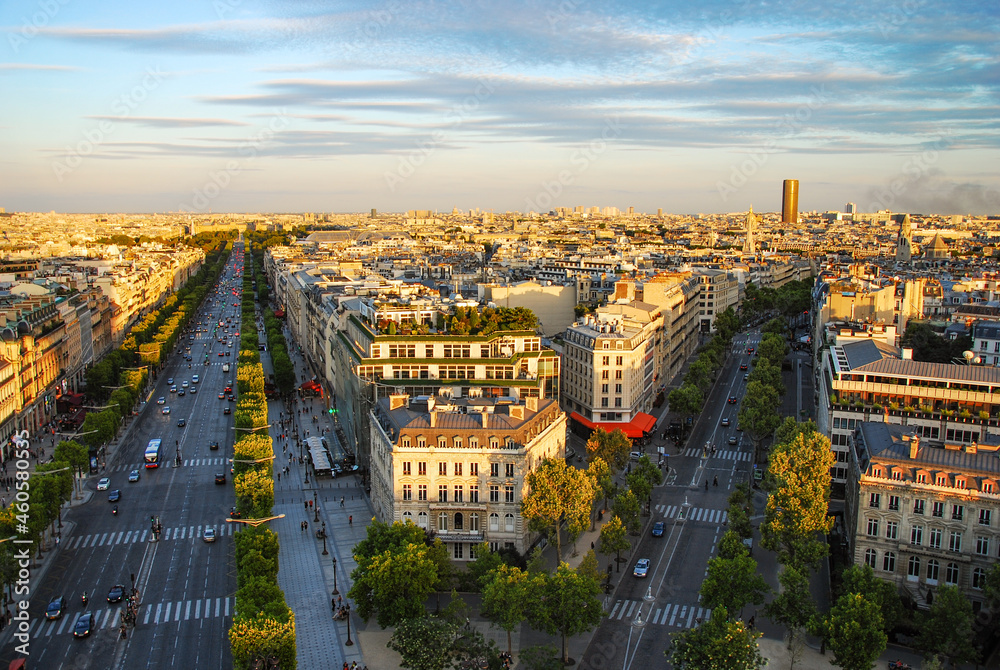 sunset view of Champs Elysees from arc de triomphe, Paris. 