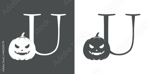 Logotipo letra inicial U con calabaza de Halloween en fondo gris y fondo blanco