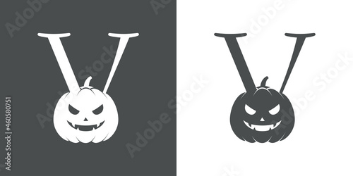 Logotipo letra inicial V con calabaza de Halloween en fondo gris y fondo blanco
