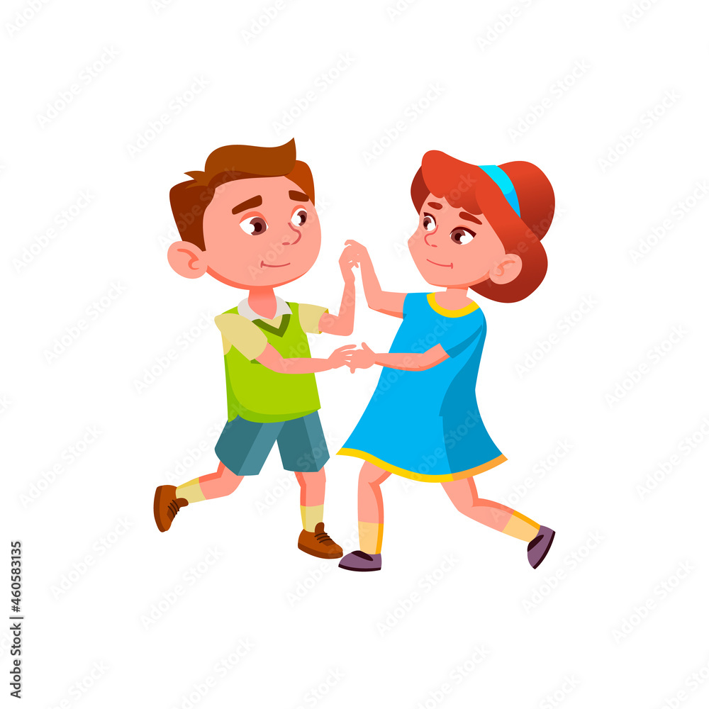 Schoolboy And Schoolgirl Dancing Waltz Vector. Caucasian Boy And Girl Couple Dancing Classical Dance On Stage. Characters Exercising And Training Movement Flat Cartoon Illustration