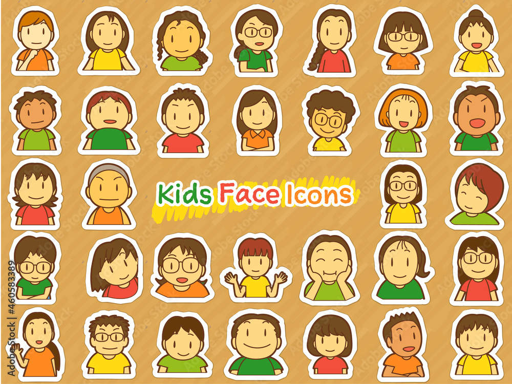 Fototapeta premium 子どもたちの顔アイコン32人（カラフル・ステッカー風）