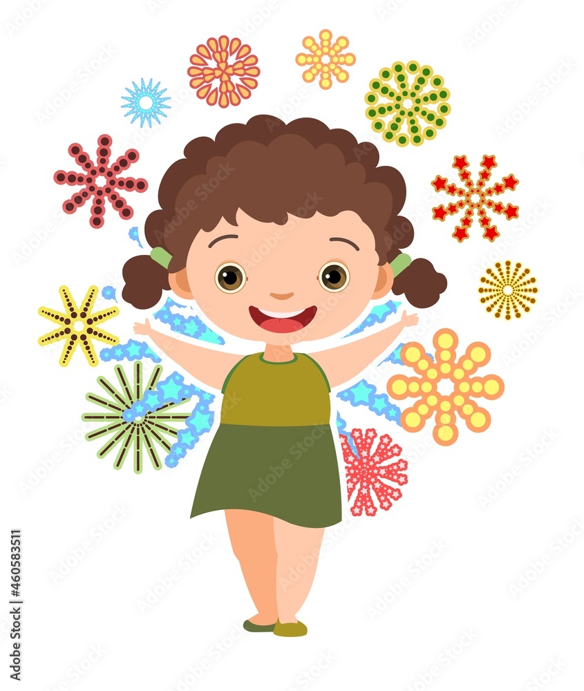 Child with salute. Little girl. In green clothes. Fireworks at birthday party. Kid is jumping for joy at party. Charming active cute character kid. Birthday. Cartoon style. Isolated. Vector Child with salute. Little girl. In green clothes. Fireworks at birthday party. Kid is jumping for joy at party. Charming active cute character kid. Birthday. Cartoon style. Isolated. Vector
