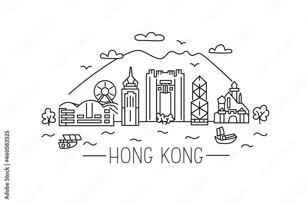 Obraz premium Hong Kong lineart illustration. Hong Kong line drawing. Modern style Hong Kong city illustration. Hand sketched poster, banner, postcard, card template for travel company, T-shirt, shirt. Vector EPS