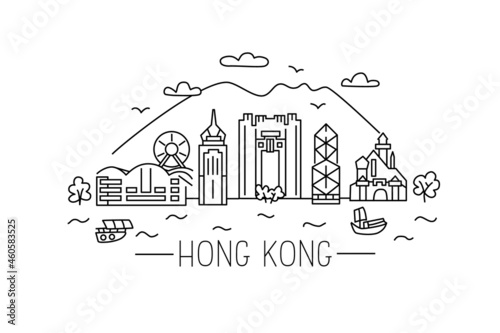 Hong Kong lineart illustration. Hong Kong line drawing. Modern style Hong Kong city illustration. Hand sketched poster, banner, postcard, card template for travel company, T-shirt, shirt. Vector EPS