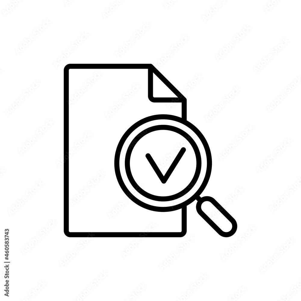 Audit completed thin line icon. Tax review. Data verification. Document with magnifier and check mark inside. Modern vector illustration. Audit completed thin line icon. Tax review. Data verification. Document with magnifier and check mark inside. Modern vector illustration.