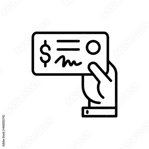 Bank check in hand thin line icon. Modern vector illustration.
