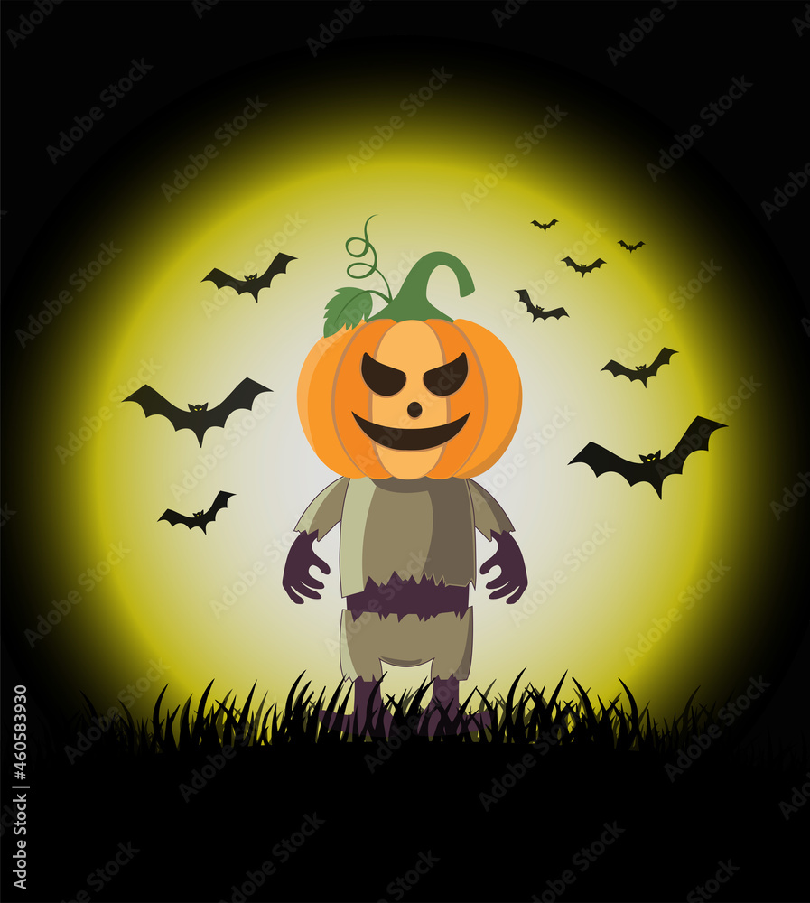 Halloween scary pumpkins and bat on moon background . Halloween scarecrow and Pumpkins. Orange pumpkin and bats with smile for your design for the holiday Halloween.