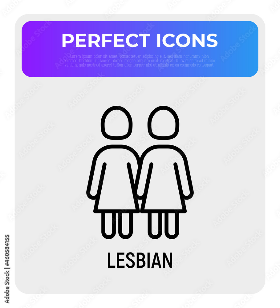 Couple of lesbians holding hands each other thin line icon in rainbow color. Modern vector illustration. Couple of lesbians holding hands each other thin line icon in rainbow color. Modern vector illustration.