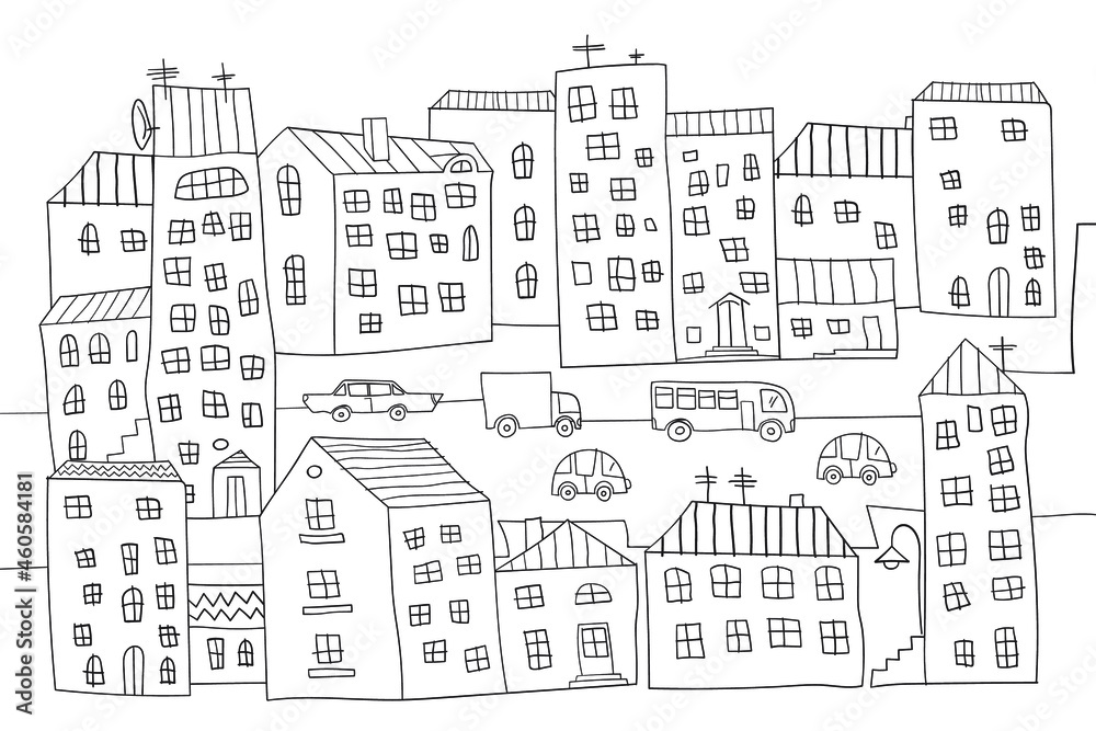 Cartoon cityscape. Cute urban background. Outline. Coloring book for child. Vector illustration.