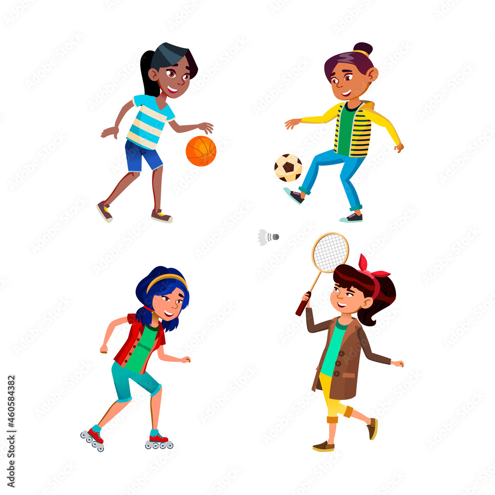 School Girls Playing Sport Game Active Set Vector. School Girls Playing Basketball And Soccer, Riding Rollers And Play Badminton. Characters Sportive Activity Flat Cartoon Illustrations