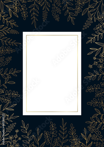 花のデザインフレーム　線画のイラスト　ネイビーの背景にゴールド