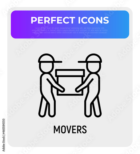 Two movers are holding the box. Thin line icon. Modern vector illustration of delivery service, moving service.