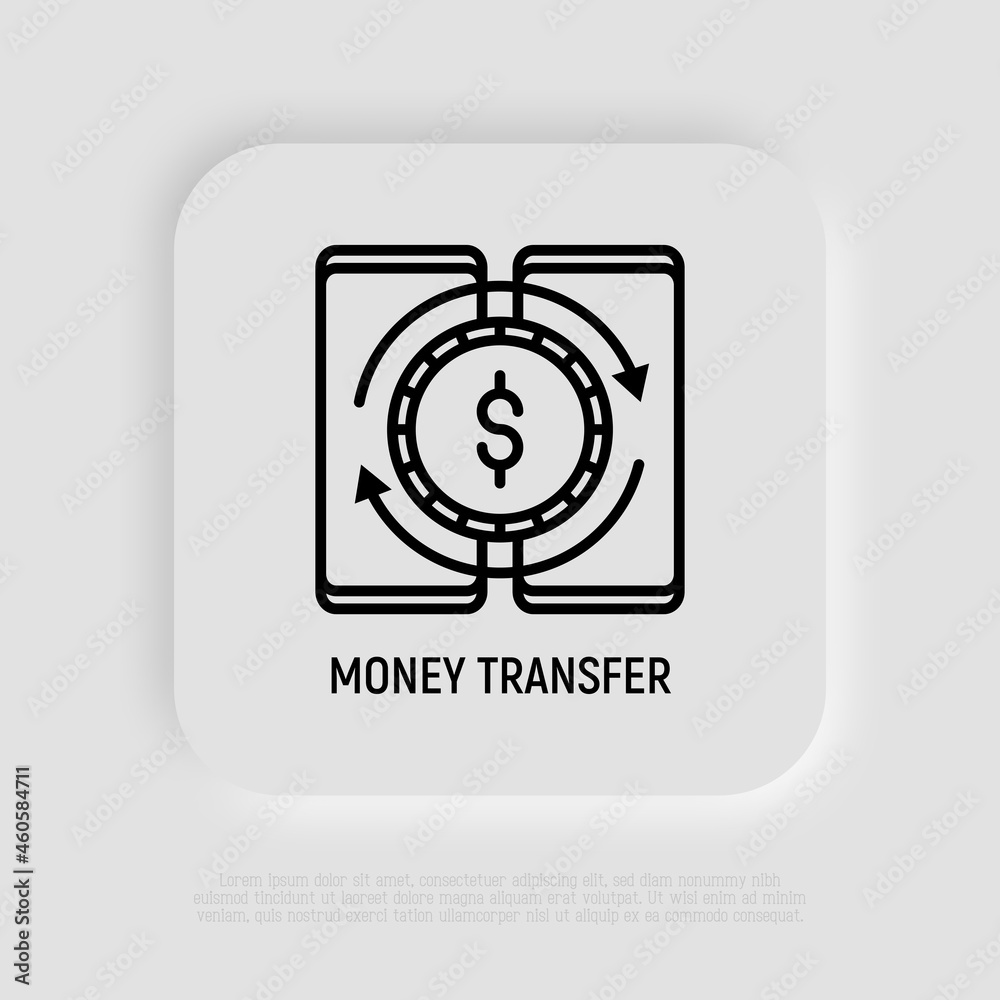 Mobile money transfer thin line icon: transaction between two smartphones. Modern vector illustration.