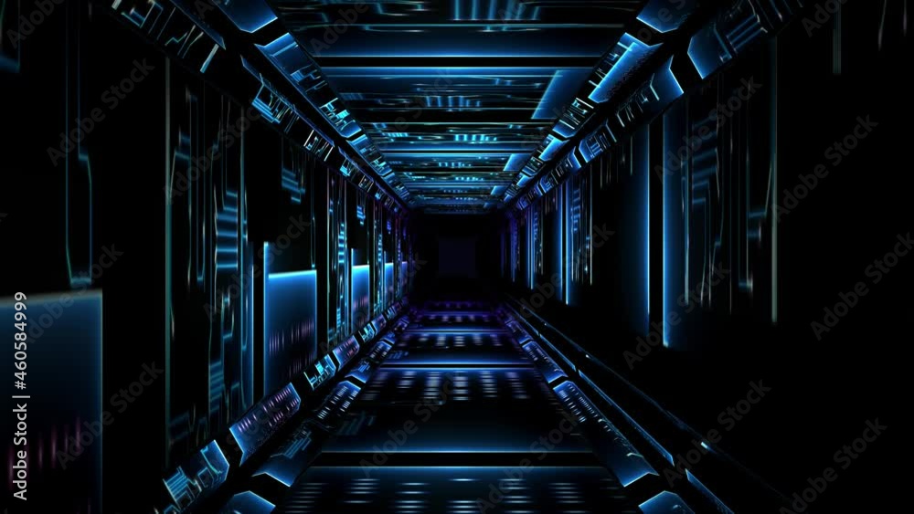 Abstract technological background 3D animation, moving through a futuristic technological or digital cyberspace tunnel corridor or shaft loop.