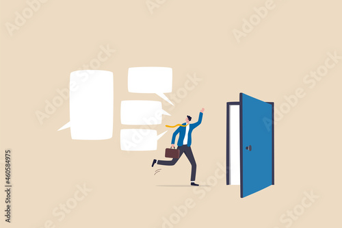 Exit interview, employee feedback before leaving or resignation, staff suggestion to HR human resources concept, resigned businessman employee about to leave the door with interview conversation. photo