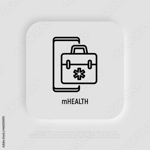 Telemedicine thin line icon, first-aid kit on screen of smartphone. Modern vector illustration of online medical consultant.