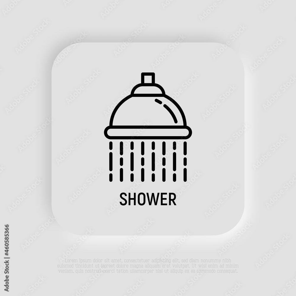 Showerhead with flowing water thin line icon. Vector illustration of hygiene for health.