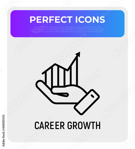 Career growth thin line icon: graph of growth in hand. Modern vector illustration.