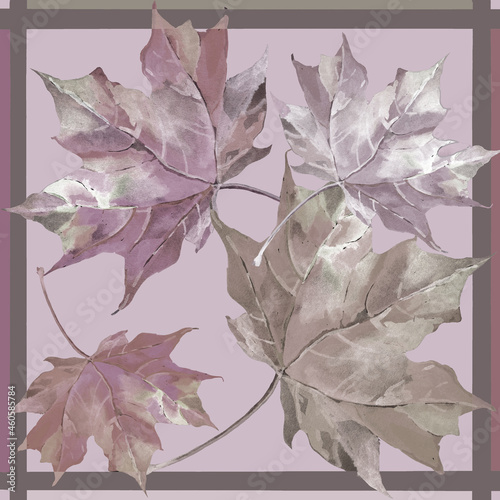 Scarf design with light purple grey maple leaves watercolor on light pink background.