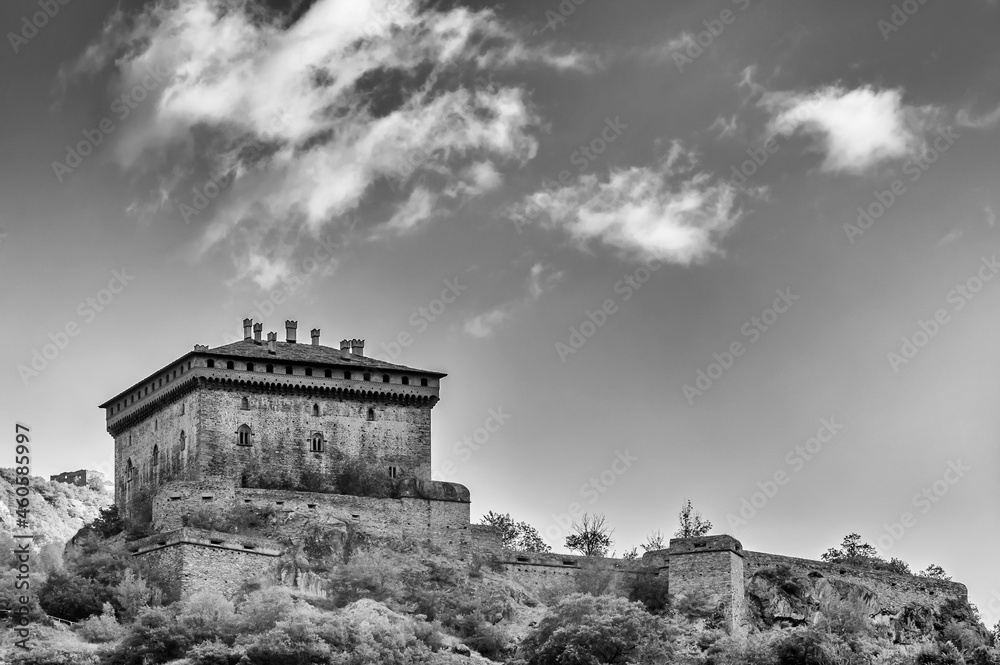 Beautiful black and white view of the ancient castle of Verrès, Aosta Valley, Italy
