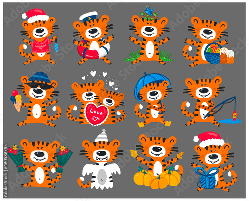 Chinese tiger set. Vector. Set of colourful tigers. Tiger with heart, tiger with a Christmas tree toy, tiger sailor, tiger and easter, tiger with ice cream, tiger under an umbrella, ghost tiger, tiger