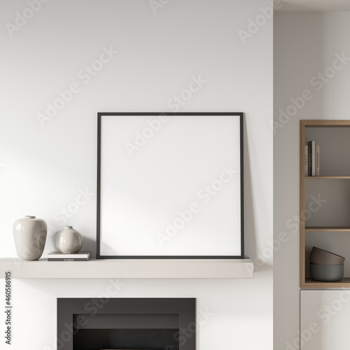 Light art room interior with rack, books and decoration, poster mock up
