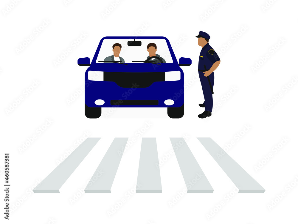 Car with driver and passenger and policeman in front of pedestrian crossing on white background Car with driver and passenger and policeman in front of pedestrian crossing on white background