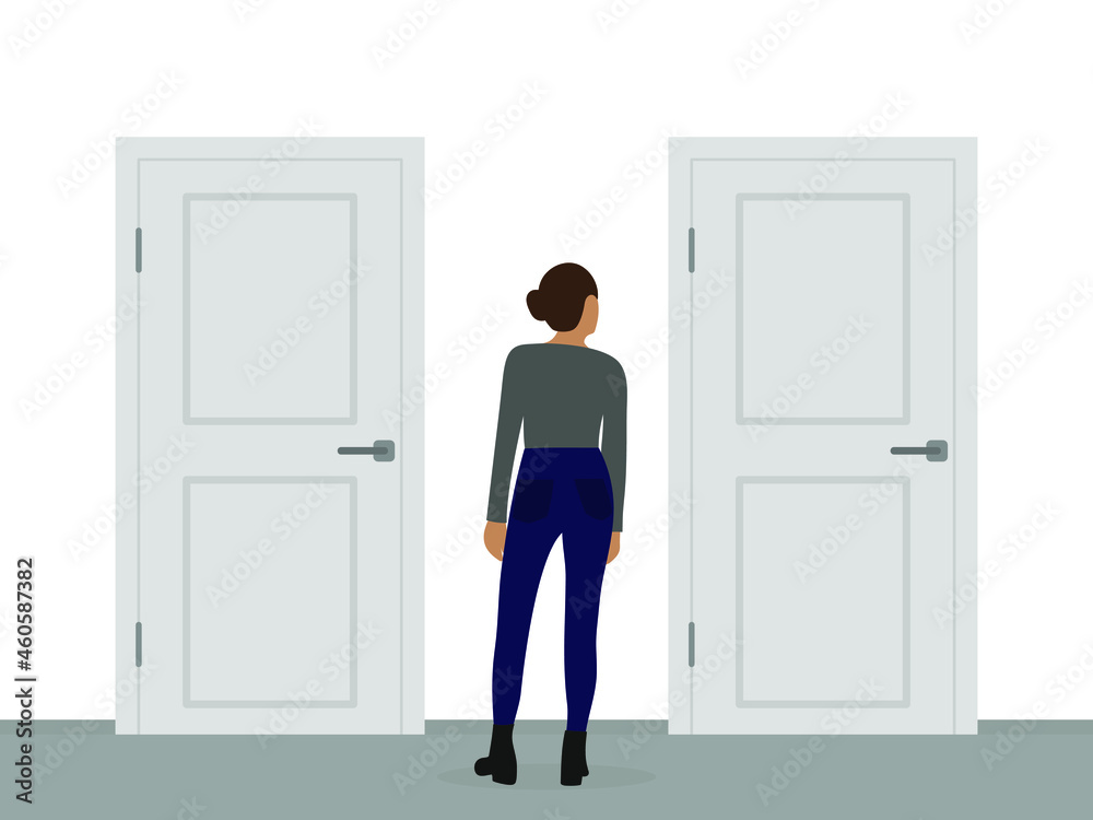 Female character stands in front of two closed doors on a white background Female character stands in front of two closed doors on a white background