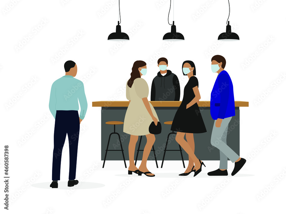 Female and male characters in medical masks stand at the bar table, while male character without medical mask looks at them on a white background