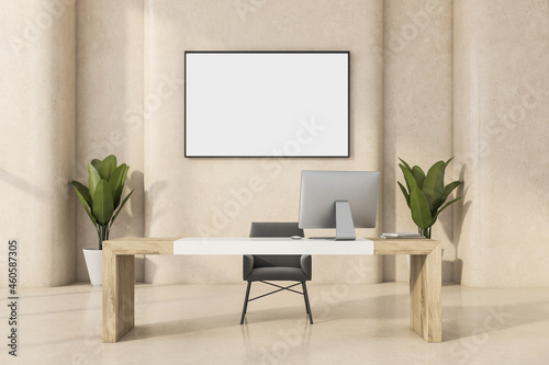 Horizontal canvas on beige wall of modern minimalist office