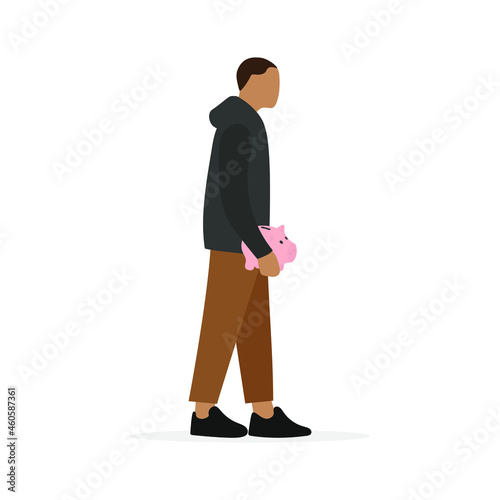 Male character with a piggy bank in his hand stands on a white background