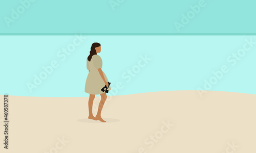 Young female character in a beautiful dress and with shoes in hand stands alone on the beach