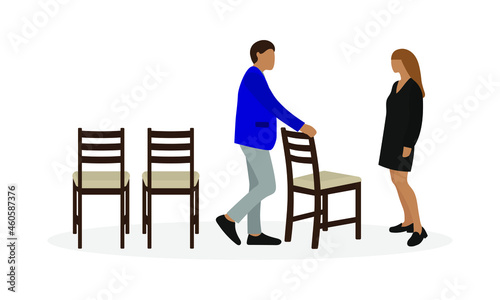 Male character offering a chair to female character on white background