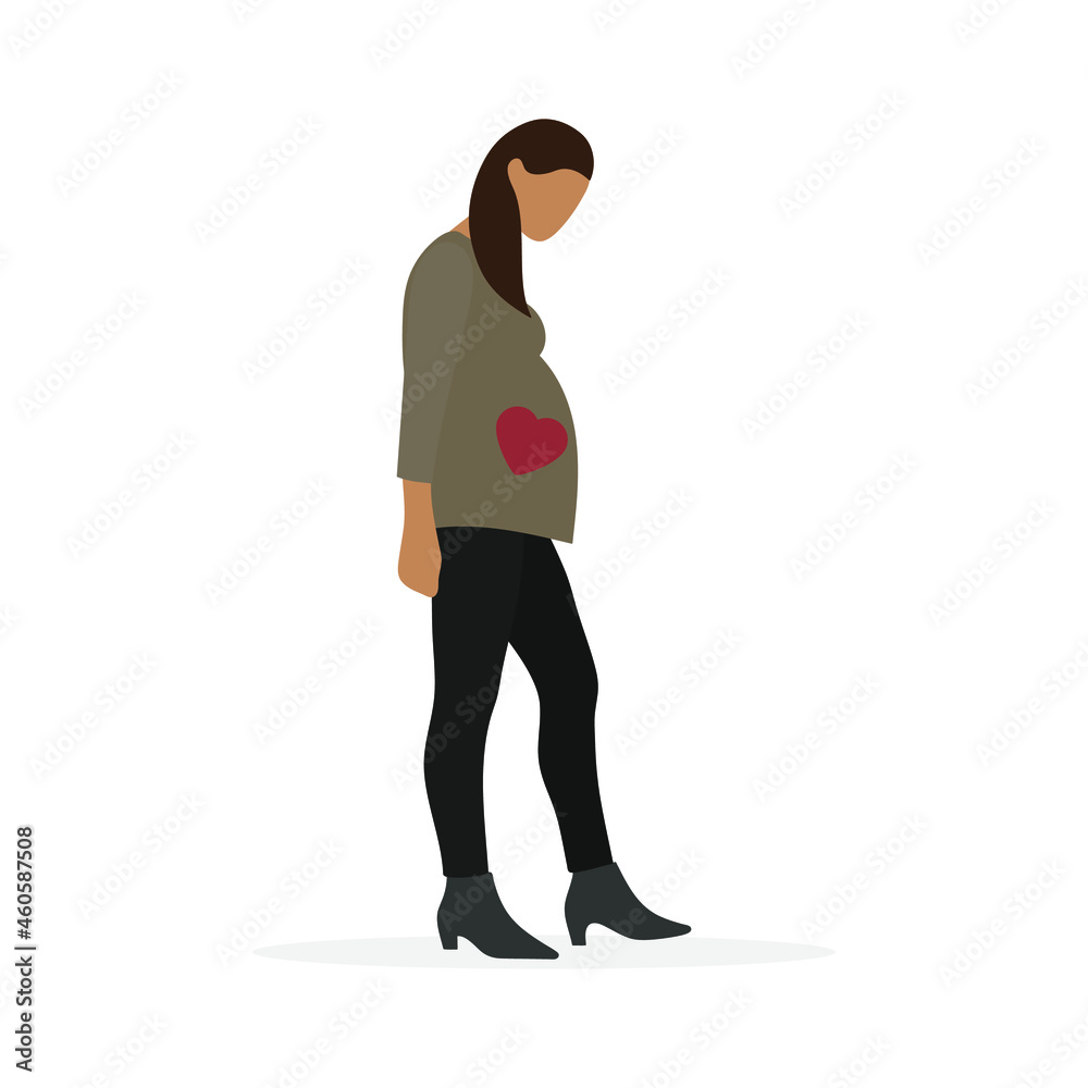 Fototapeta premium Pregnant female character with a picture of a heart on her belly stands on a white background