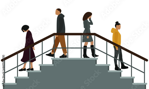 Four different characters descend the stairs in different directions on a white background