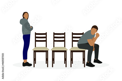 A female character with arms crossed on her chest is standing near a chair and a male character is sitting on another chair against a white background