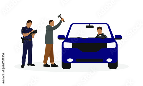 A male character is swinging a hammer at a car with a driver, and a policeman stands nearby and writes out a fine