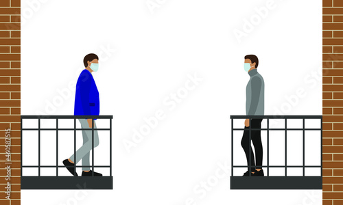 Two male characters in medical masks stand on opposite balconies on a white background