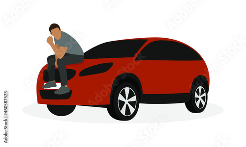 Male character sitting on the hood of a car on a white background