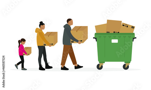 Male character, female character and little girl with cardboard boxes in hands go to full garbage container on white background