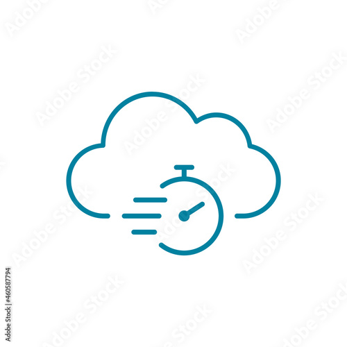 Cloud stopwatch line icon. Cloud computing time schedule. Fast network response. Latency server provider response. Timer with cloud outline. Real time service access. Vector illustration, clip art. 